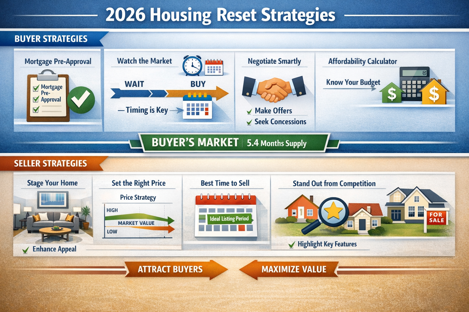 Landscape format (1536x1024) strategic playbook visualization showing buyer and seller tactics for 2026 housing reset. Split design: top hal