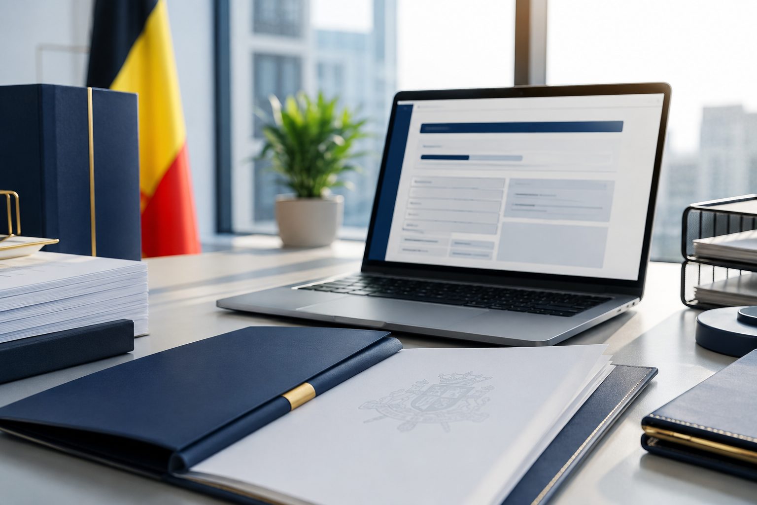 Bureau met officiële documenten en een laptop voor de neerlegging van een bestuurdersbenoeming bij de ondernemingsrechtbank