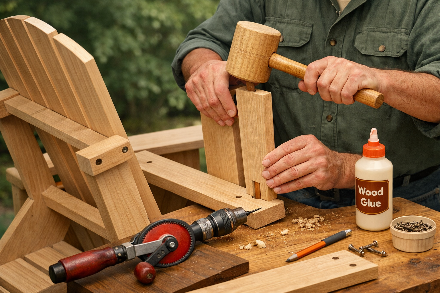 A landscape format (1536x1024) image illustrating a step-by-step assembly sequence of an Adirondack chair backrest using hand tools. The ima