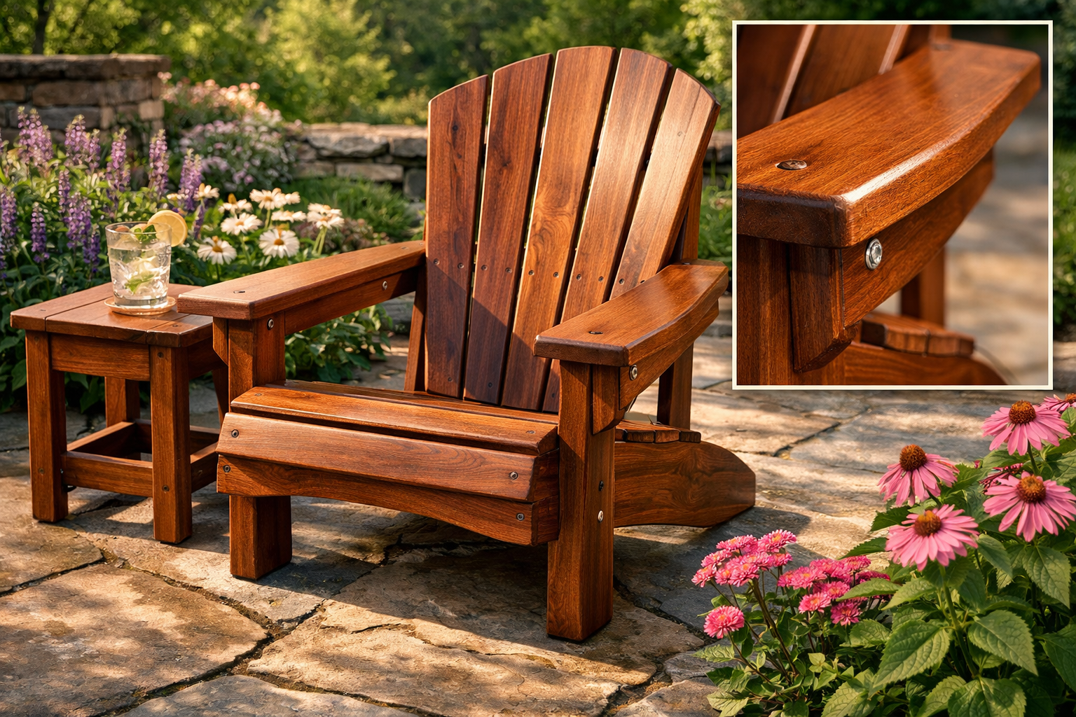 A landscape format (1536x1024) image displaying a finished, weather-resistant Adirondack chair made with hand tools, sitting proudly on a be
