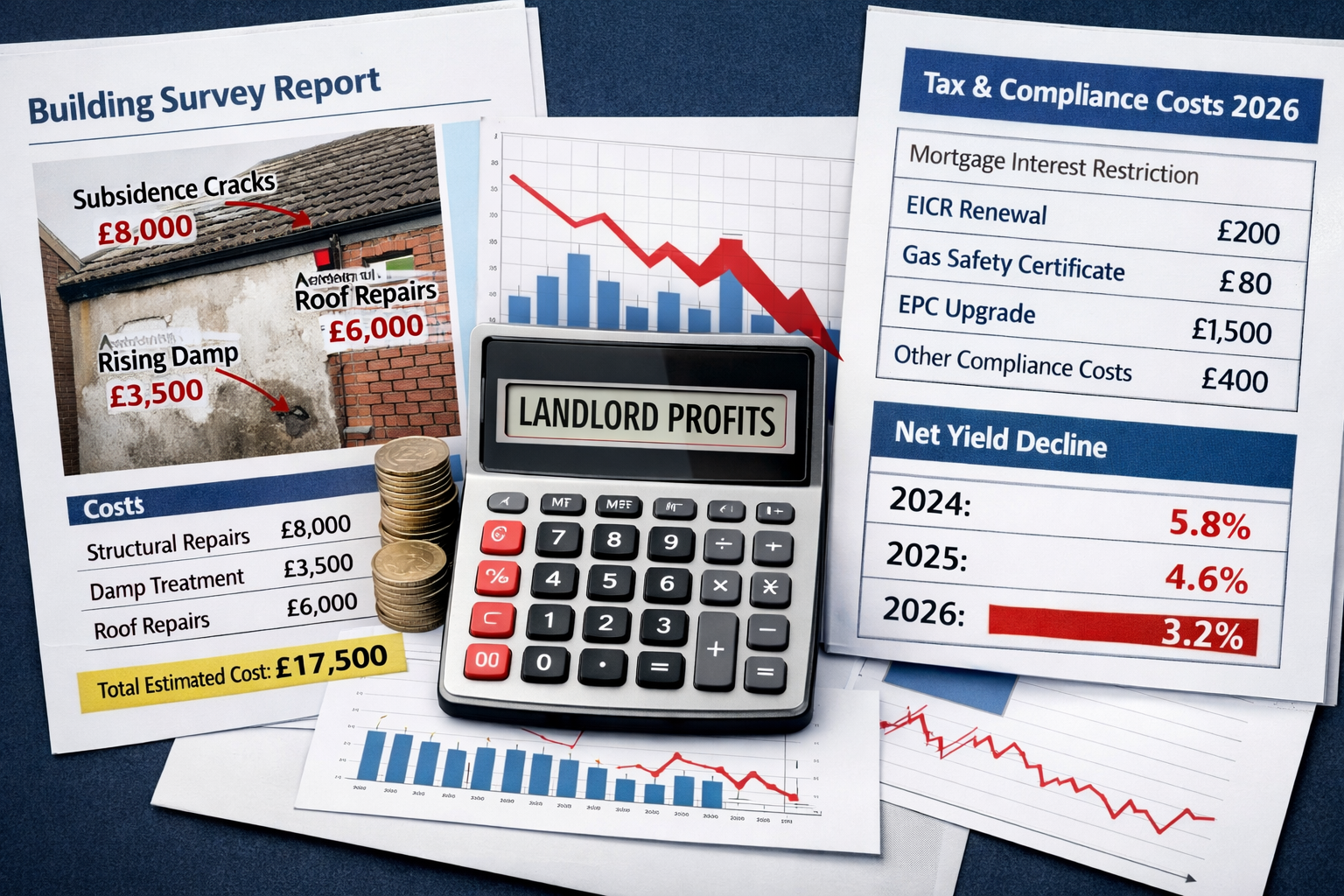 Landscape format (1536x1024) editorial image showing split-screen comparison of buy-to-let property investment scenarios in 2026. Left side