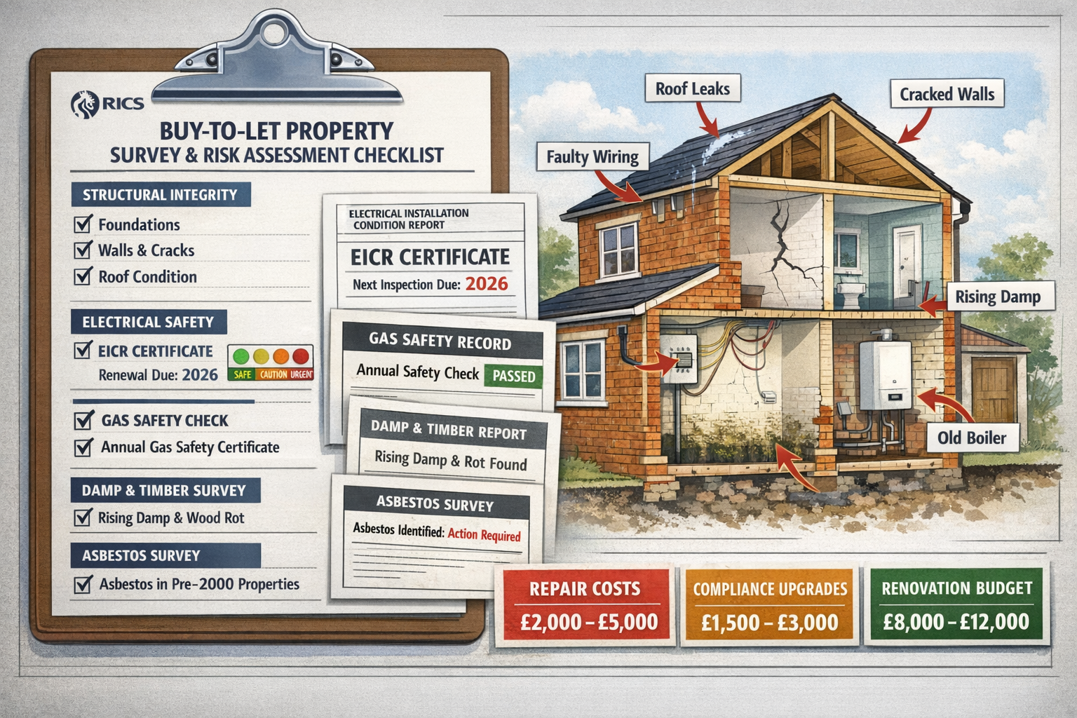Landscape format (1536x1024) detailed infographic-style image showing comprehensive building survey risk assessment checklist for buy-to-let
