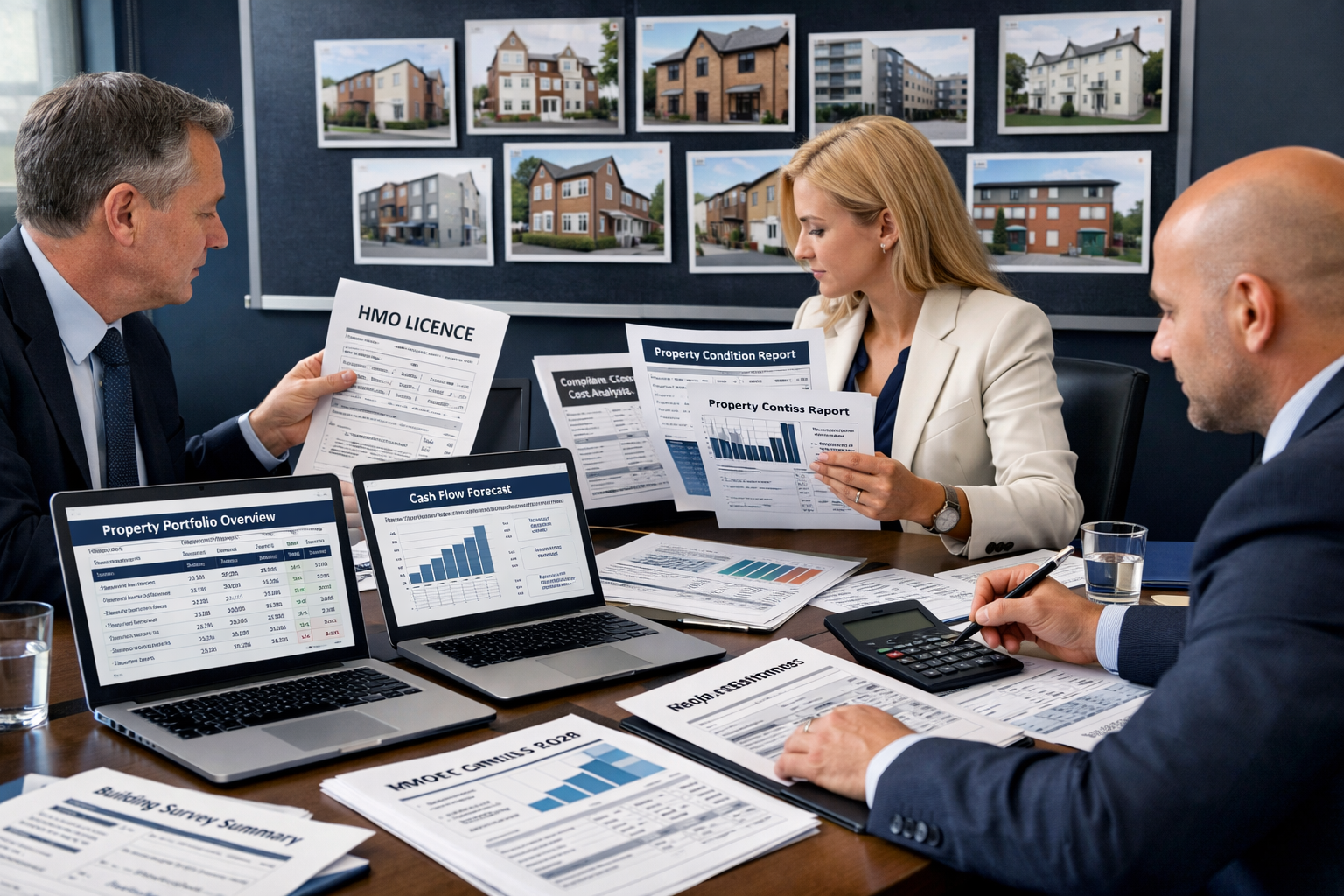 Landscape format (1536x1024) professional image depicting portfolio landlord investment strategy meeting in 2026. Modern office setting with