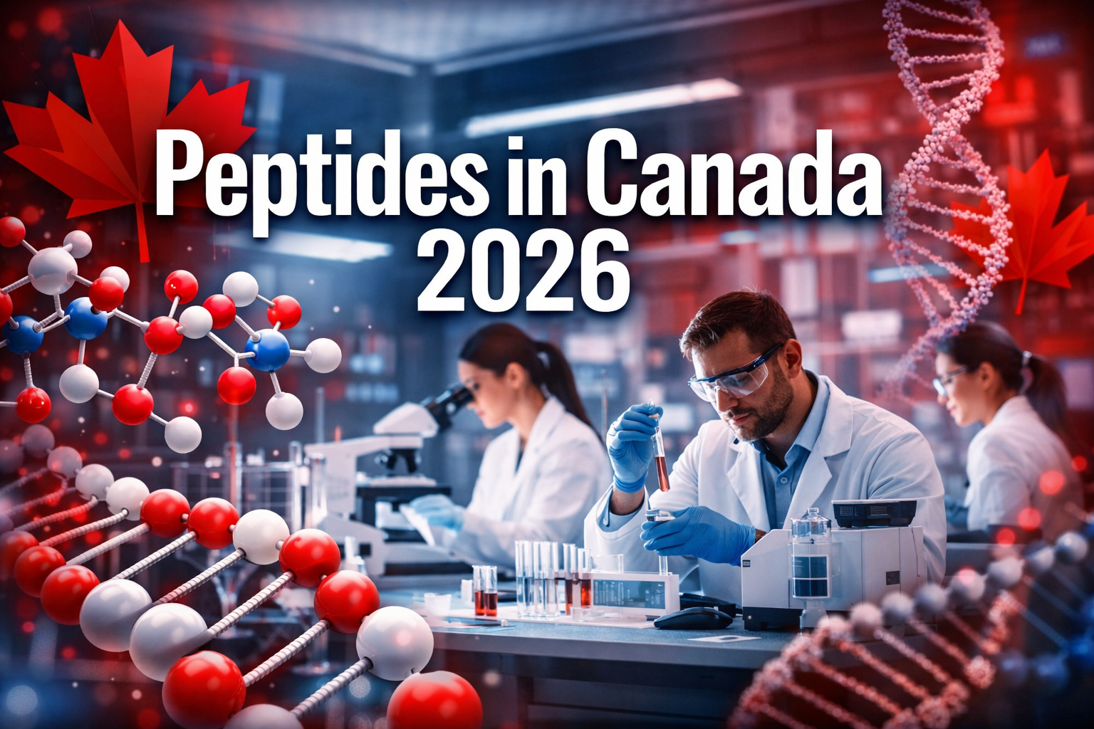 Professional landscape hero image (1536x1024) featuring bold text overlay 'Peptides in Canada 2026' in extra large 72pt white sans-serif fon