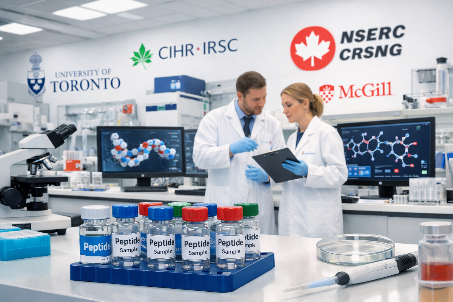 Modern Canadian research laboratory scene showing peptide vials, scientific equipment, university logos (Toronto, McGill), researchers in wh