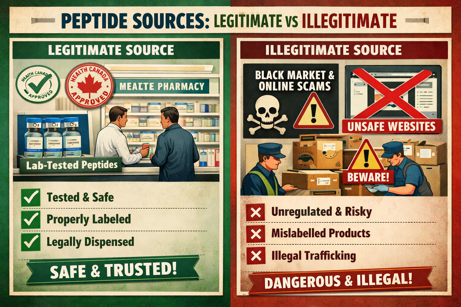 Split-screen comparison showing legitimate vs illegitimate peptide sources, left side featuring authorized pharmacy with Health Canada appro