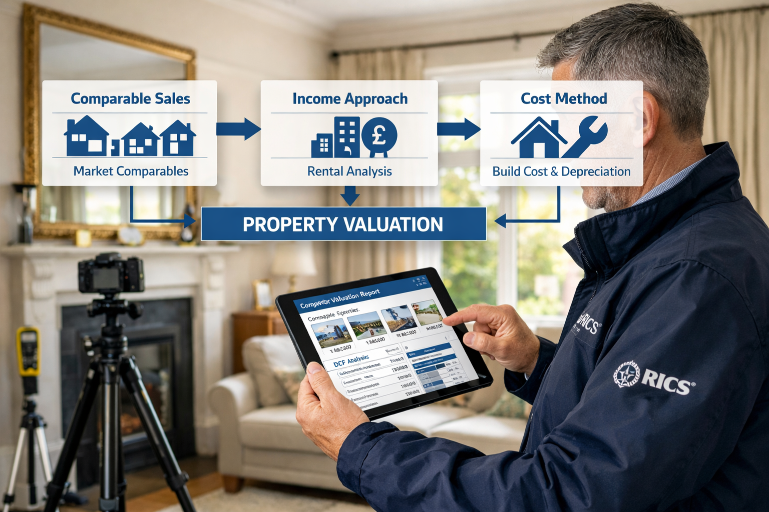 () professional property valuation scene showing RICS chartered surveyor conducting detailed inspection inside bright modern