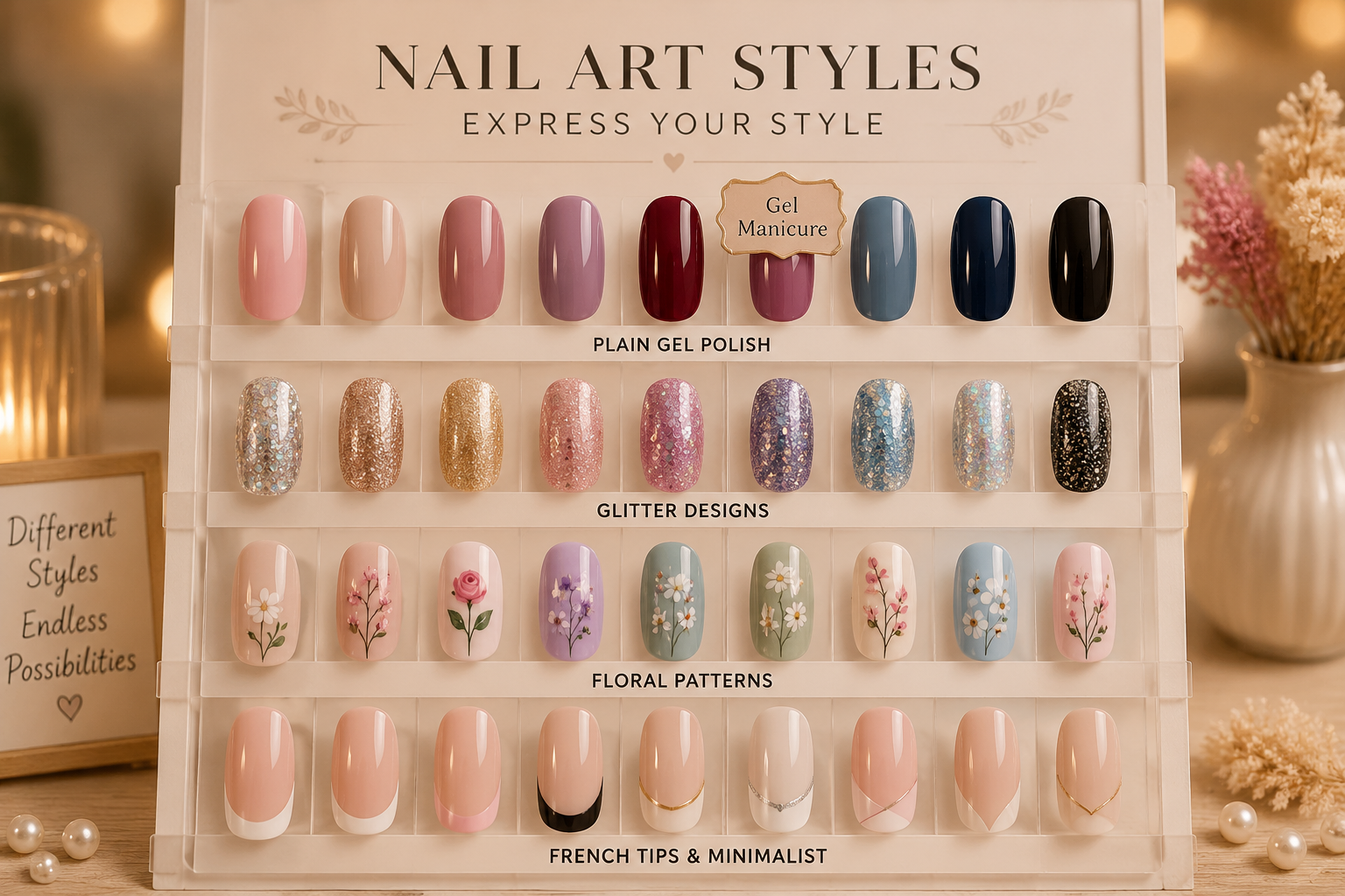 Detailed () image showing a diverse array of nail art styles arranged aesthetically on a display stand, highlighting the