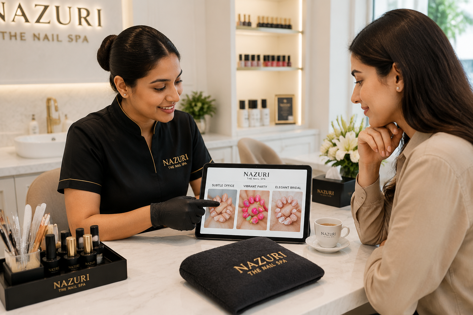 Detailed () image capturing the professional consultation phase at a luxury nail salon. A Nazuri nail technician, dressed in