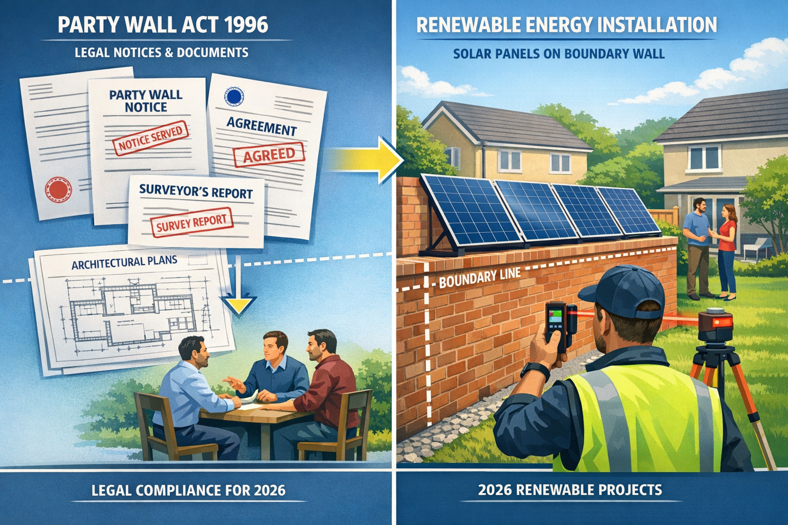 Detailed landscape format (1536x1024) image showing split-screen comparison of Party Wall Act 1996 documentation process for renewable energ
