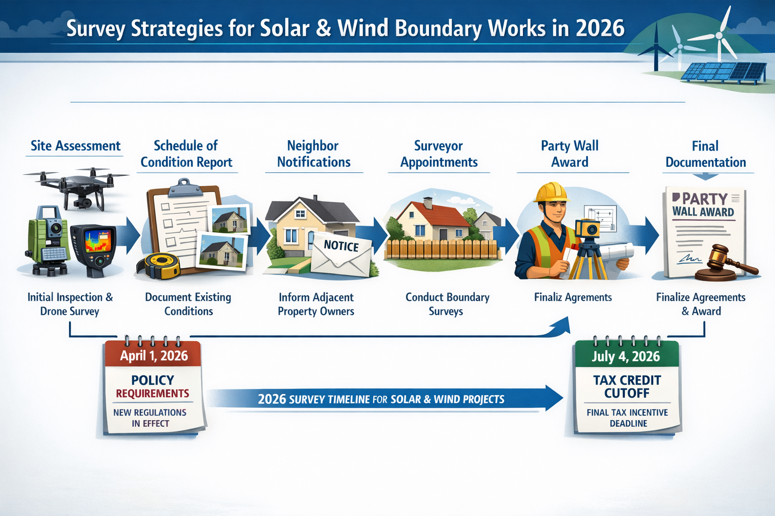Comprehensive landscape format (1536x1024) infographic illustrating survey strategies timeline for solar and wind boundary works in 2026. Vi