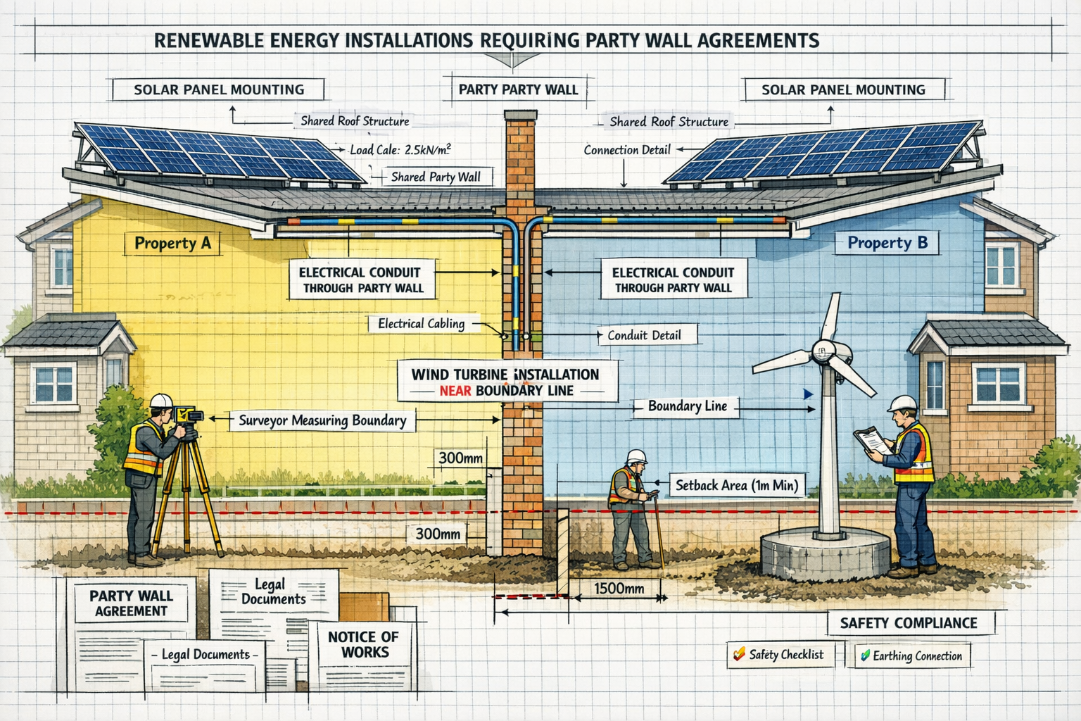 Detailed landscape format (1536x1024) technical illustration of renewable energy installation scenarios requiring party wall agreements. Sho