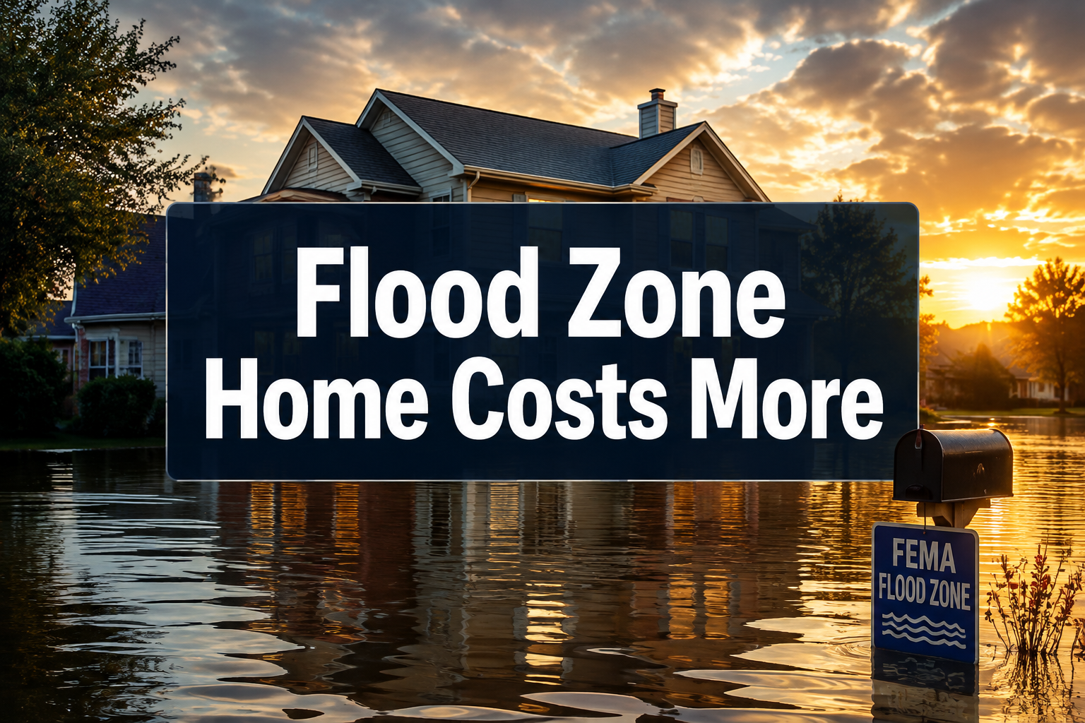 Suburban home inside a FEMA designated flood zone with floodwater nearby