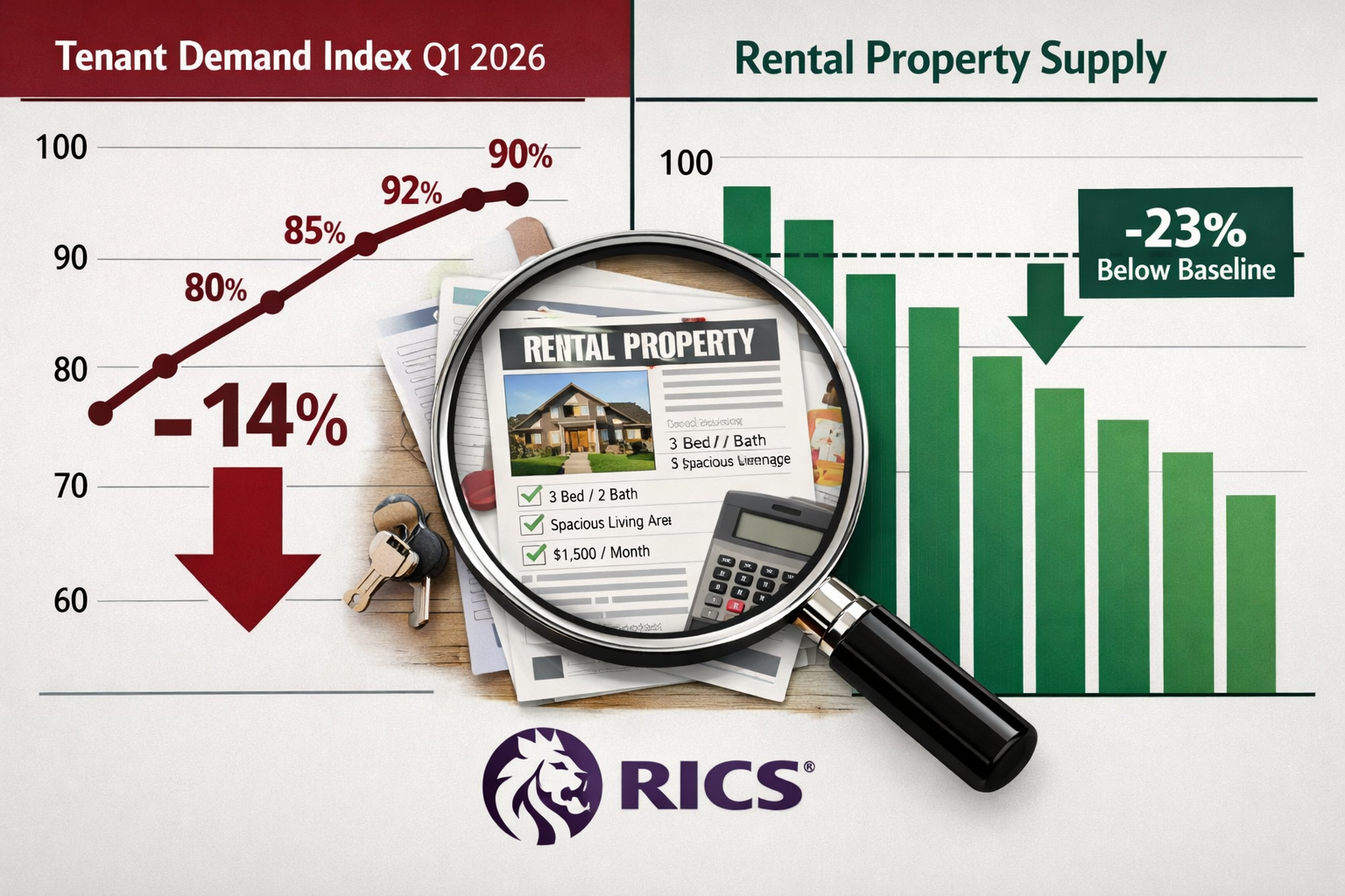 Detailed () image showing split-screen composition: left side displays upward trending line graph labeled 'Tenant Demand