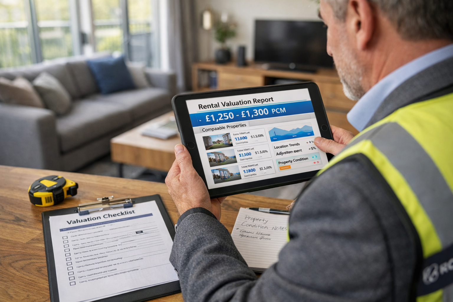 Detailed () image depicting professional RICS surveyor conducting rental property valuation inside modern UK apartment.