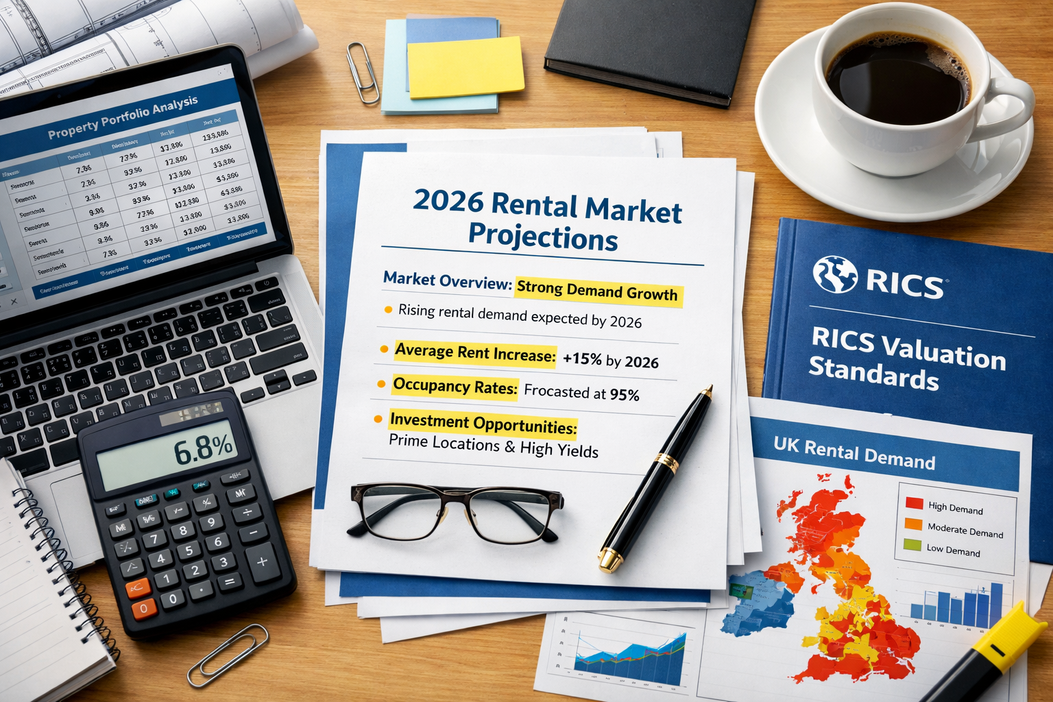 Detailed () image showing strategic planning scene with rental market forecast materials spread across modern desk. Central
