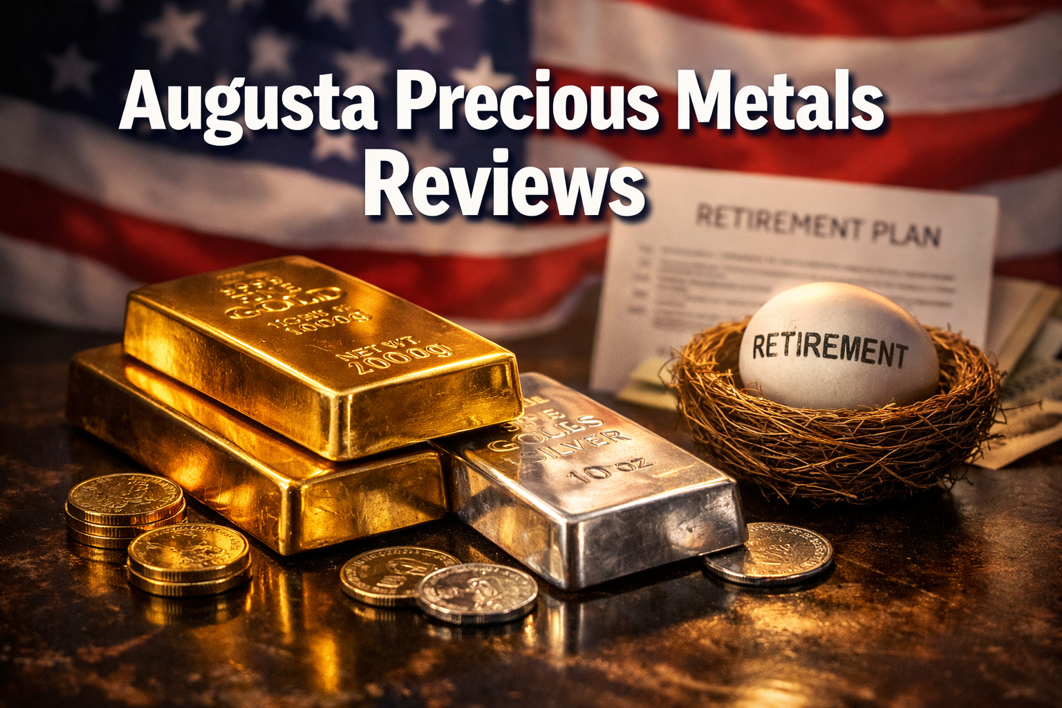 Professional () hero image with 'Augusta Precious Metals Reviews' in extra large white with deep effect, centered in upper