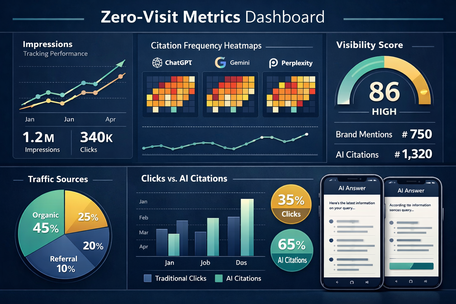 () infographic-style image featuring dashboard analytics screen displaying zero-visit metrics: impression tracking graphs