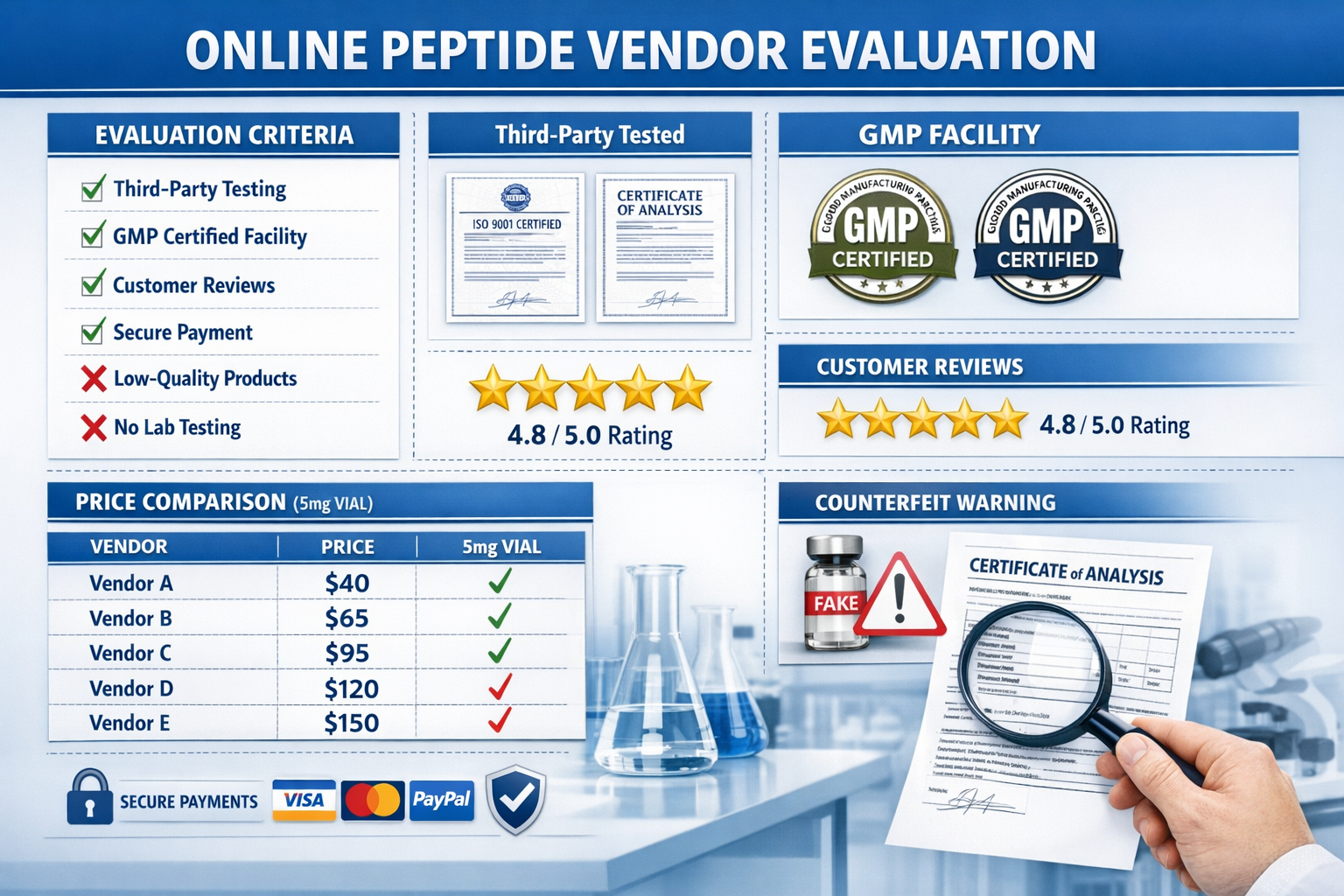 Professional comparison infographic (1536x1024) displaying online peptide vendor evaluation criteria, checklist format with green checkmarks
