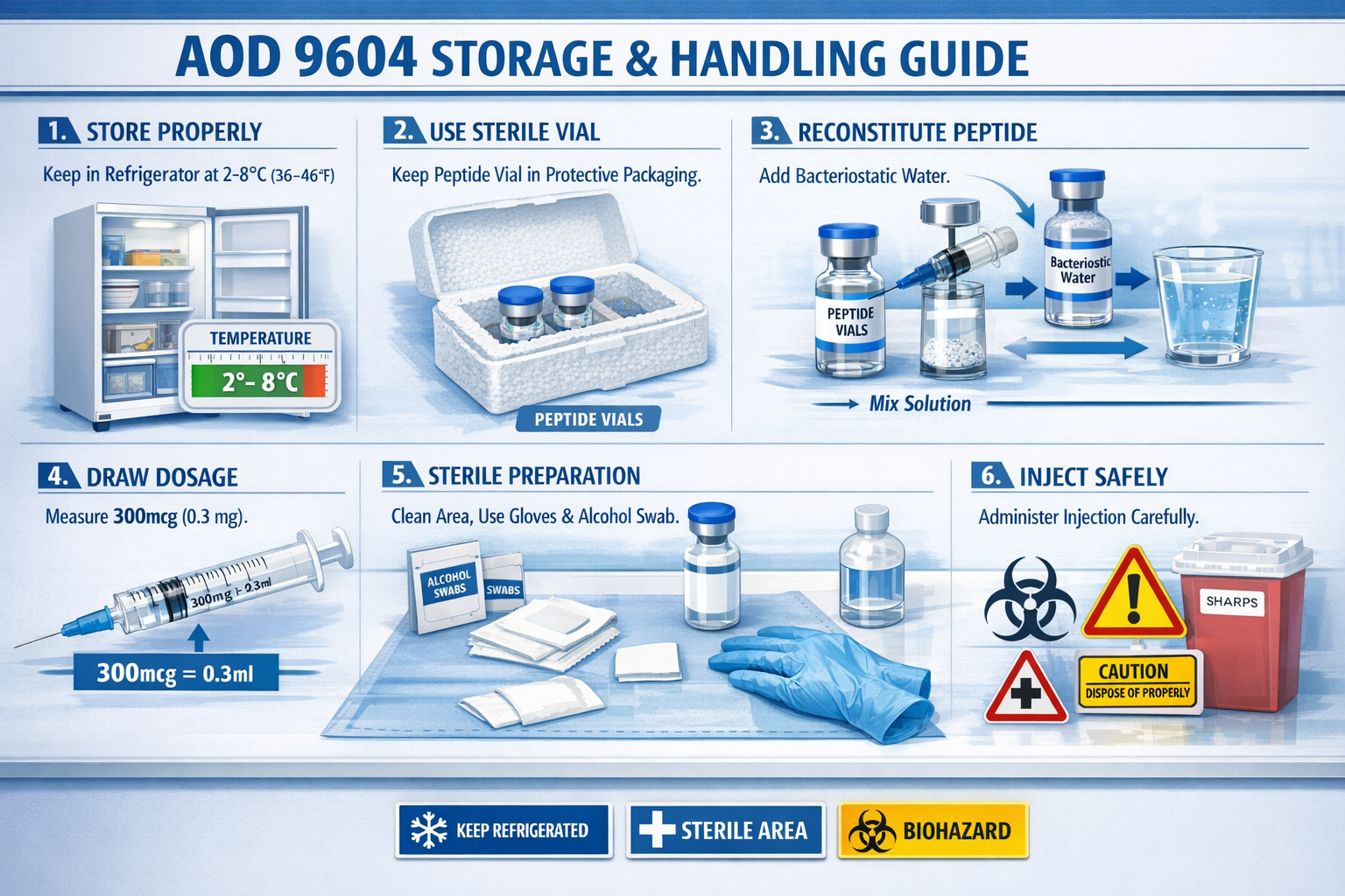 Landscape educational diagram (1536x1024) illustrating proper AOD 9604 storage and handling procedures, refrigerator temperature gauge showi