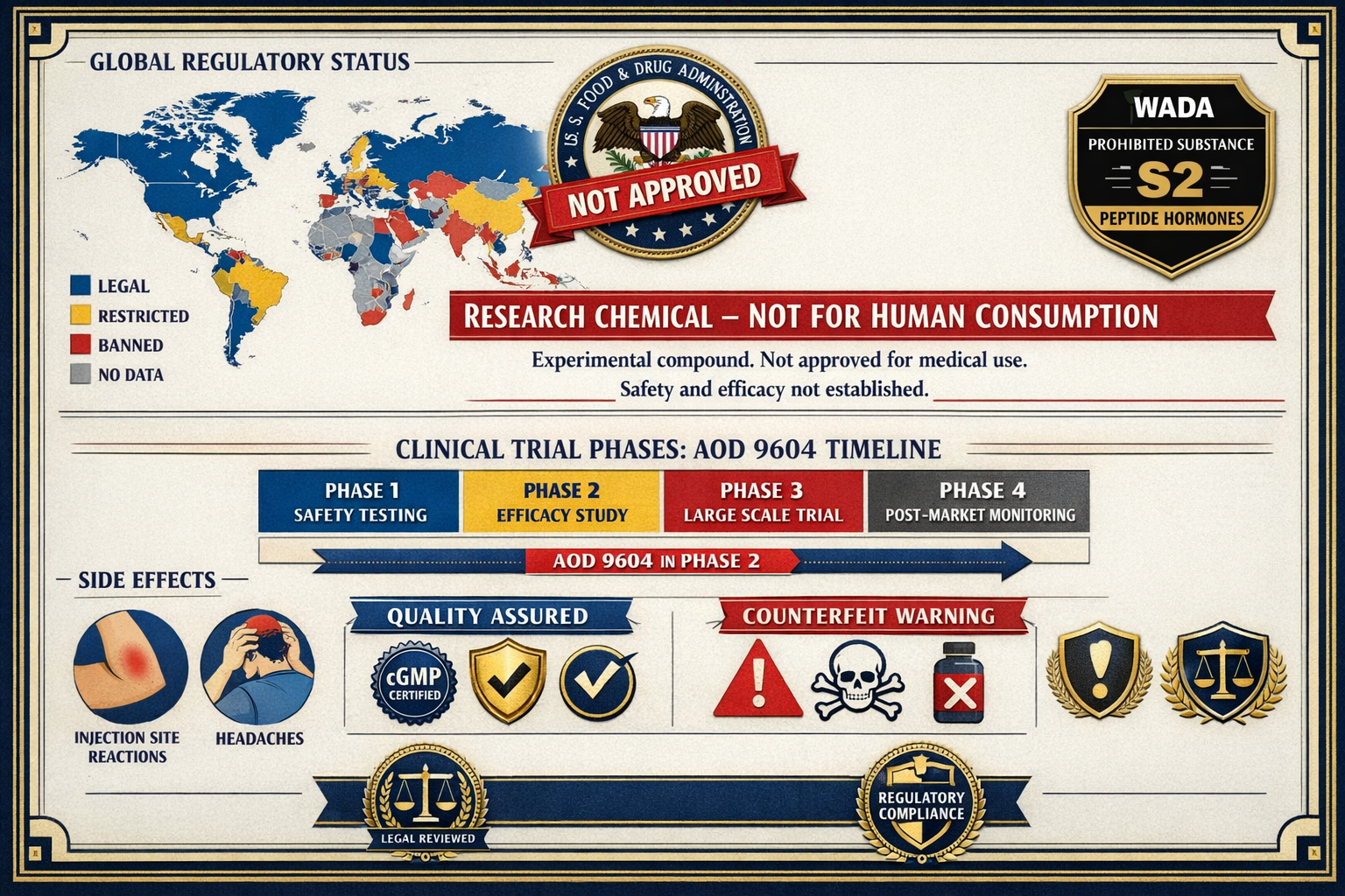 Comprehensive legal and safety landscape infographic (1536x1024) showing world map with color-coded regulatory status by country, FDA seal w
