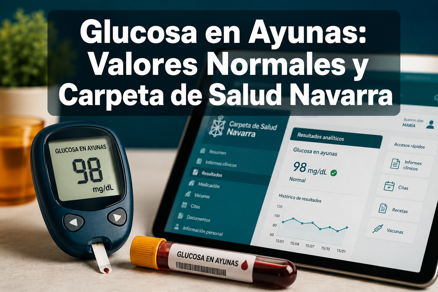 Professional () hero image with in Spanish: 'Glucosa en Ayunas: Valores Normales y Carpeta de Salud Navarra' in extra large