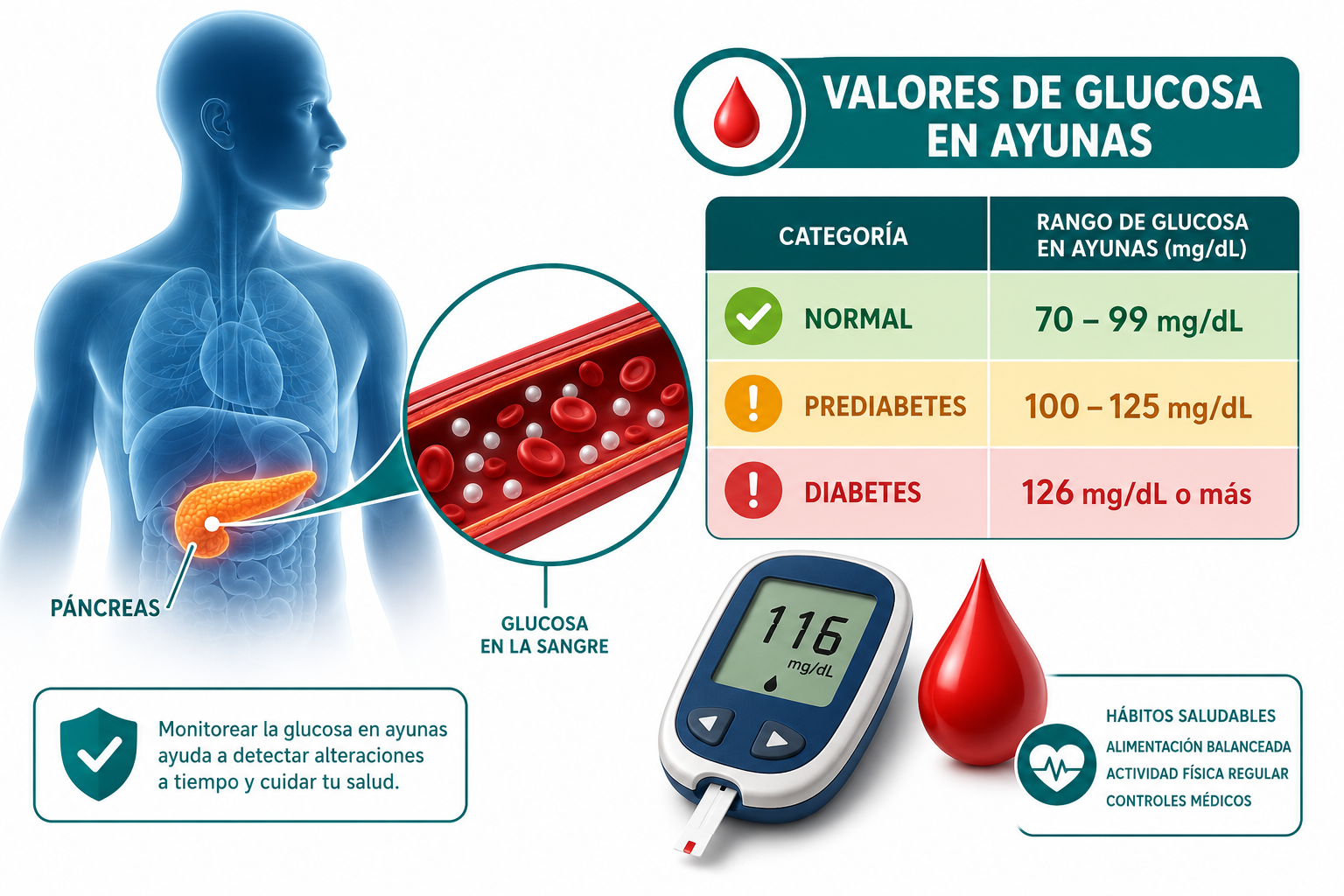 () medical infographic illustration showing a human silhouette with highlighted pancreas and bloodstream, alongside a