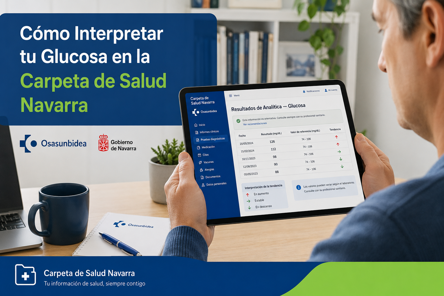 () showing a person using a tablet or smartphone to access the Carpeta de Salud Navarra digital health portal, with a