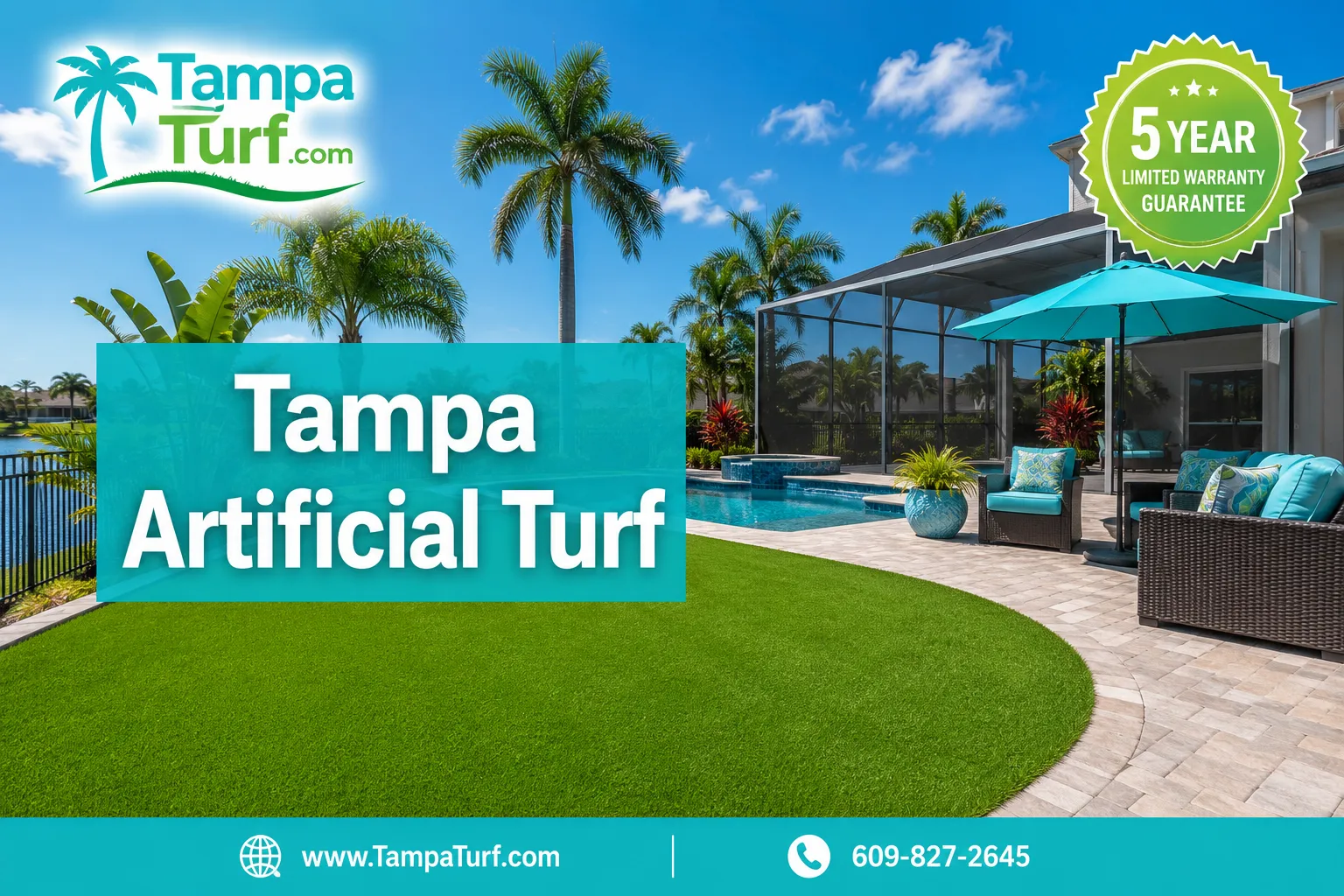 Professional () magazine-cover hero image with SHORT : 'Tampa Artificial Turf' in crisp white on a semi-transparent