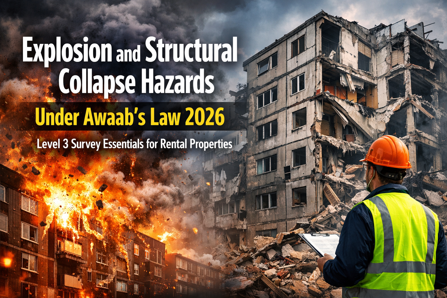 Professional landscape hero image () with : "Explosion and Structural Collapse Hazards Under Awaab's Law 2026: Level 3