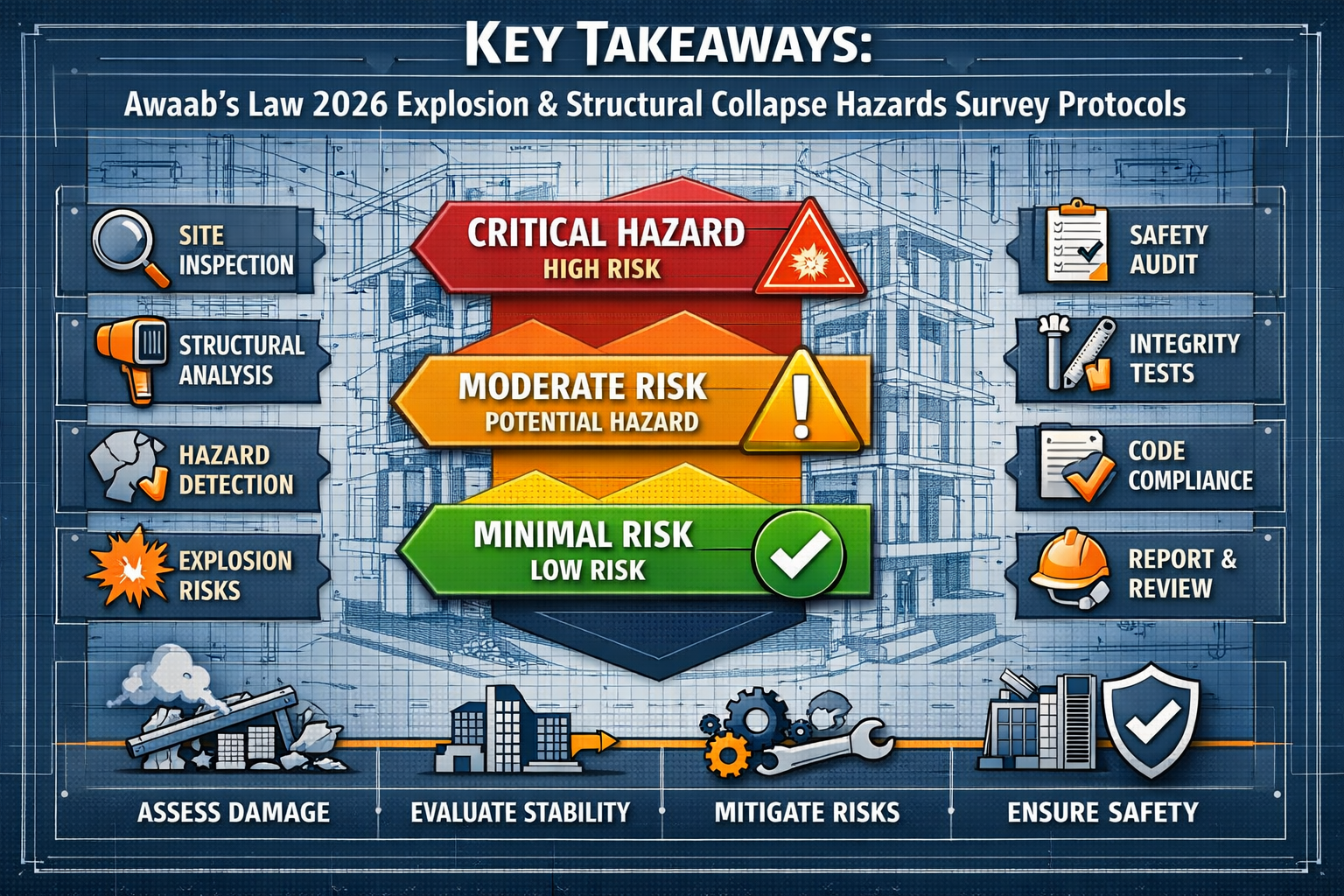 Infographic-style visual representing 'Key Takeaways' for Awaab's Law 2026 explosion and structural collapse hazards survey