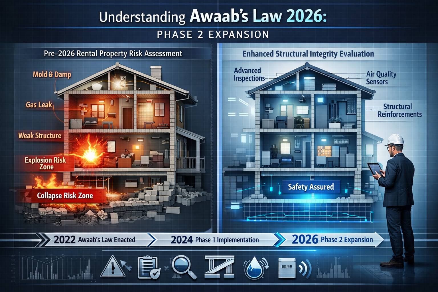 Conceptual illustration depicting 'Understanding Awaab's Law 2026 Phase 2 Expansion' with split-screen visualization: left