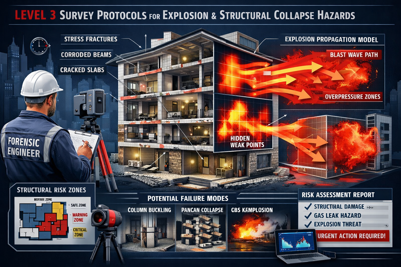 Comprehensive technical diagram illustrating 'Level 3 Survey Protocols for Explosion and Structural Collapse Hazards' with