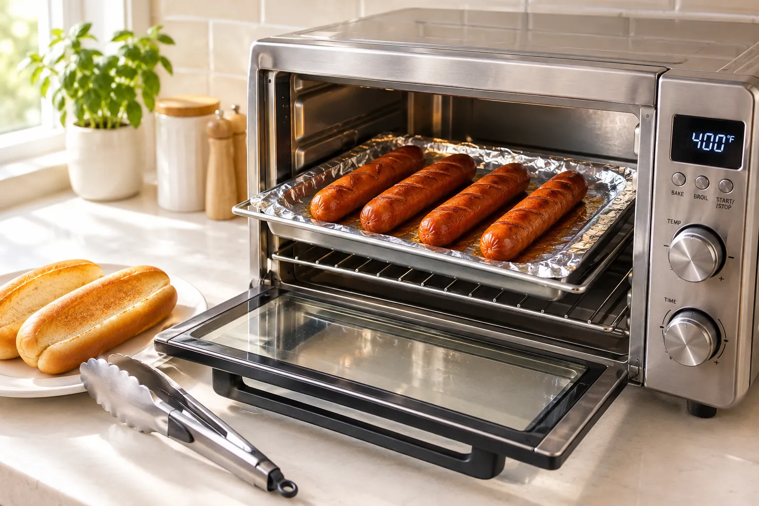 Four hot dogs on a tray inside an open stainless-steel toaster oven, with buns and tongs on the counter