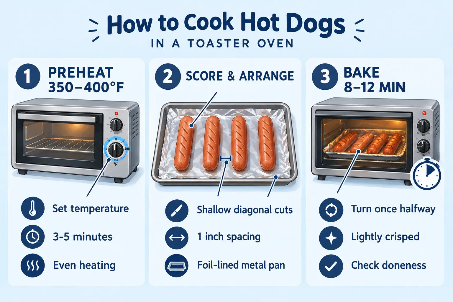 Three-step illustrated guide to preheating, arranging and baking hot dogs in a toaster oven