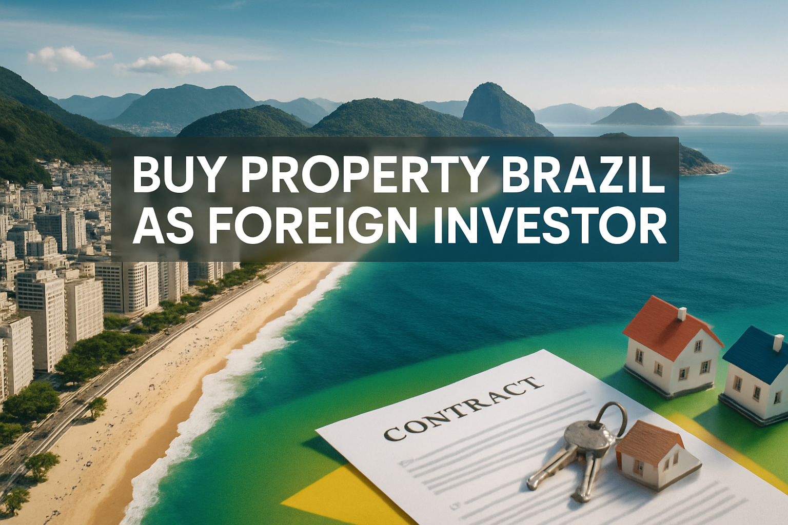Professional landscape hero image (1536x1024) featuring bold text overlay 'Buy Property Brazil as Foreign Investor' in extra large 72pt whit