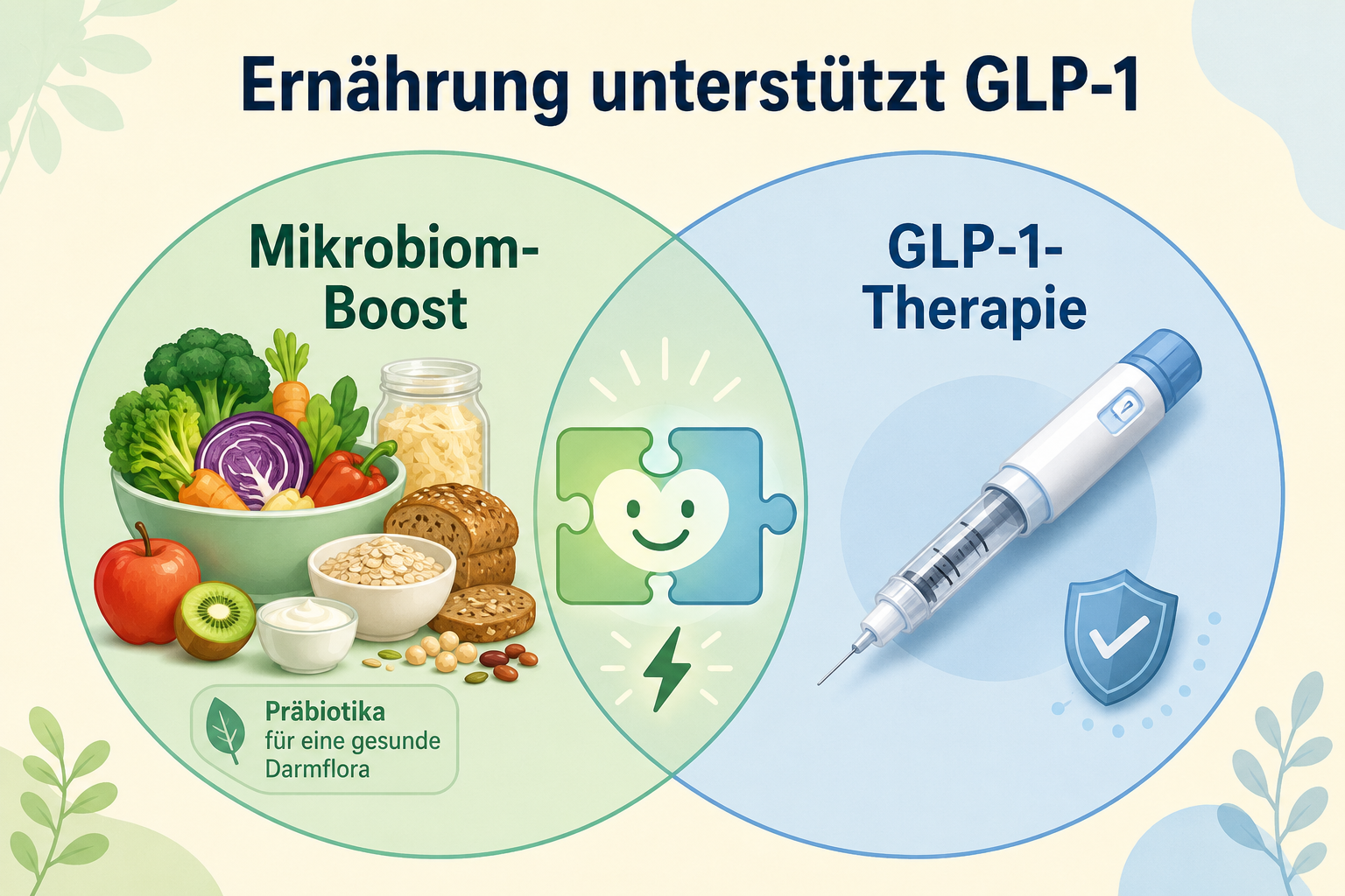 GLP-1-Agonisten und die Mikrobiom-Revolution: Wie Darmbakterien den Therapieerfolg beeinflussen Editorial Querformat () Bild für H2 Abschnitt 2: Eine Infografik mit zwei Kreisen, die nebeneinander liegen und eine