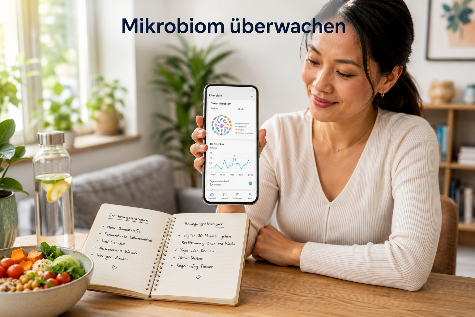 GLP-1-Agonisten und die Mikrobiom-Revolution: Wie Darmbakterien den Therapieerfolg beeinflussen Editorial Querformat () Bild für H2 Abschnitt 3: Eine Darstellung, die eine digitale Gesundheits-App auf einem Smartphone