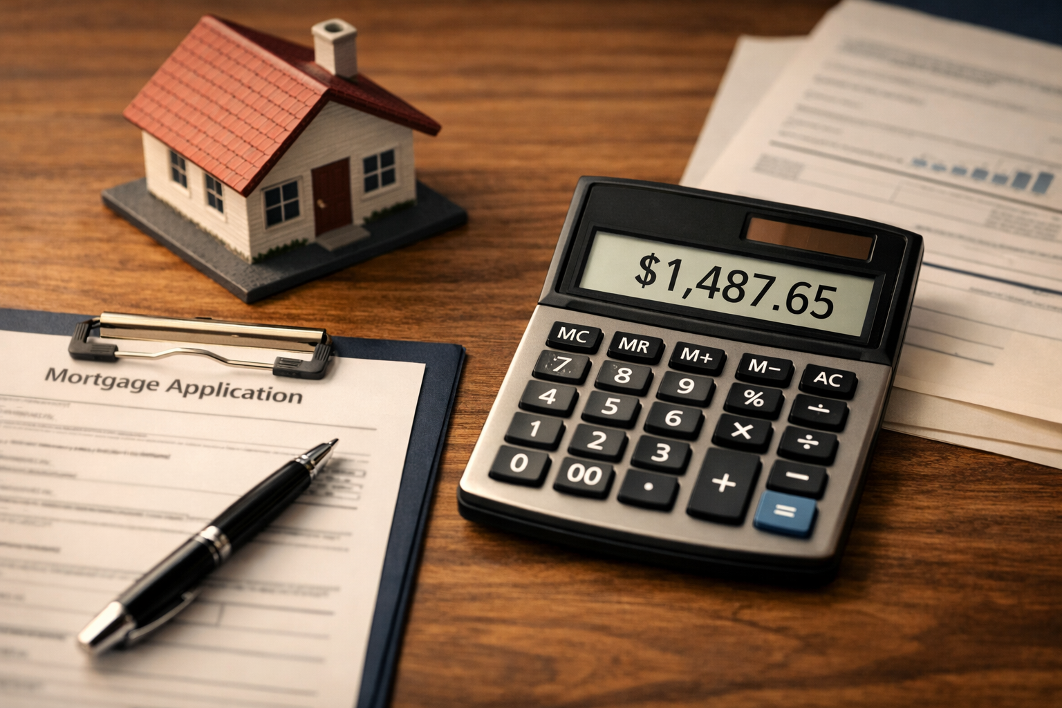 () editorial image showing a close-up bird's-eye view of a wooden desk with a mortgage application form, a calculator