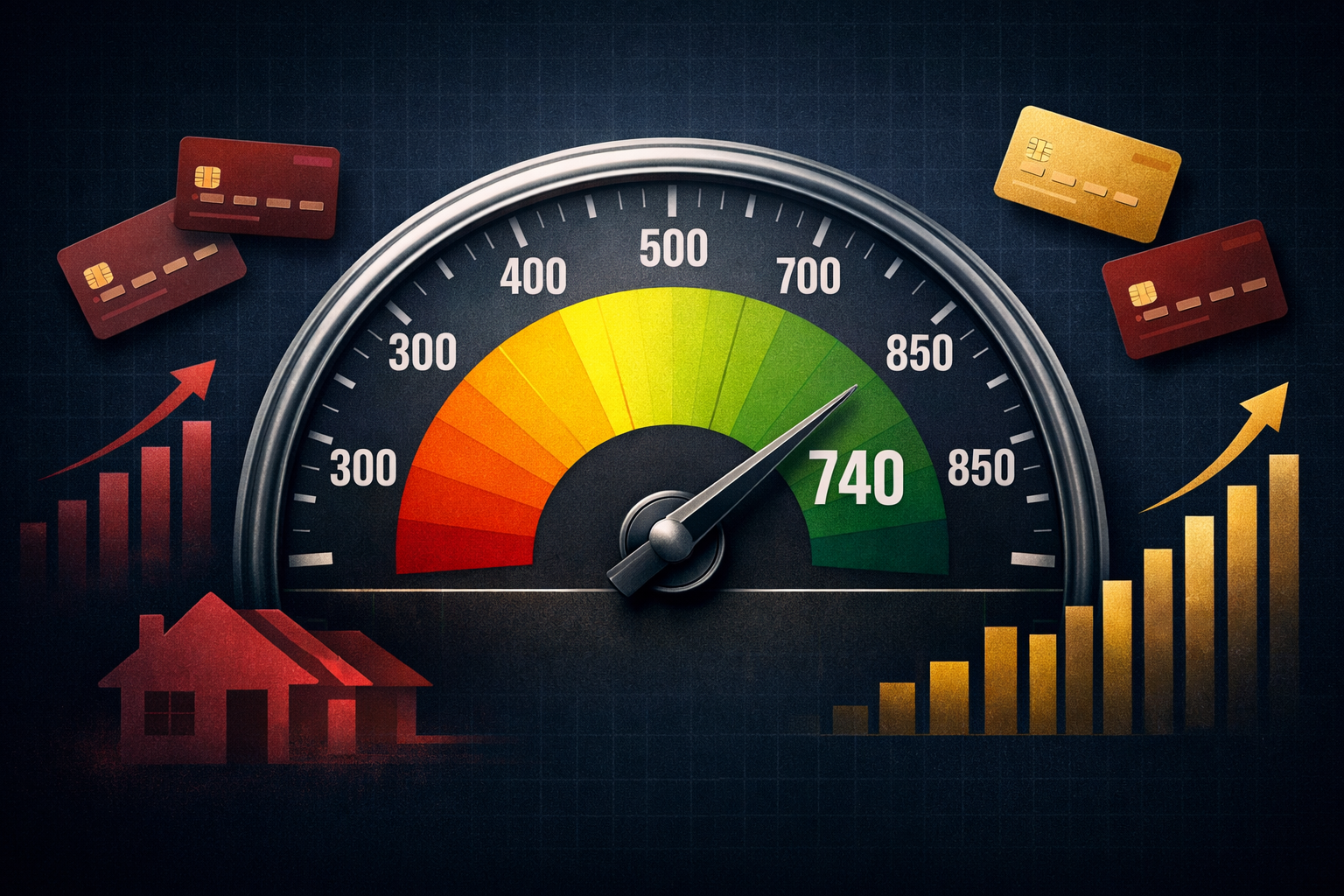 () editorial image depicting a large analog credit score meter styled like a vintage speedometer, needle pointing toward