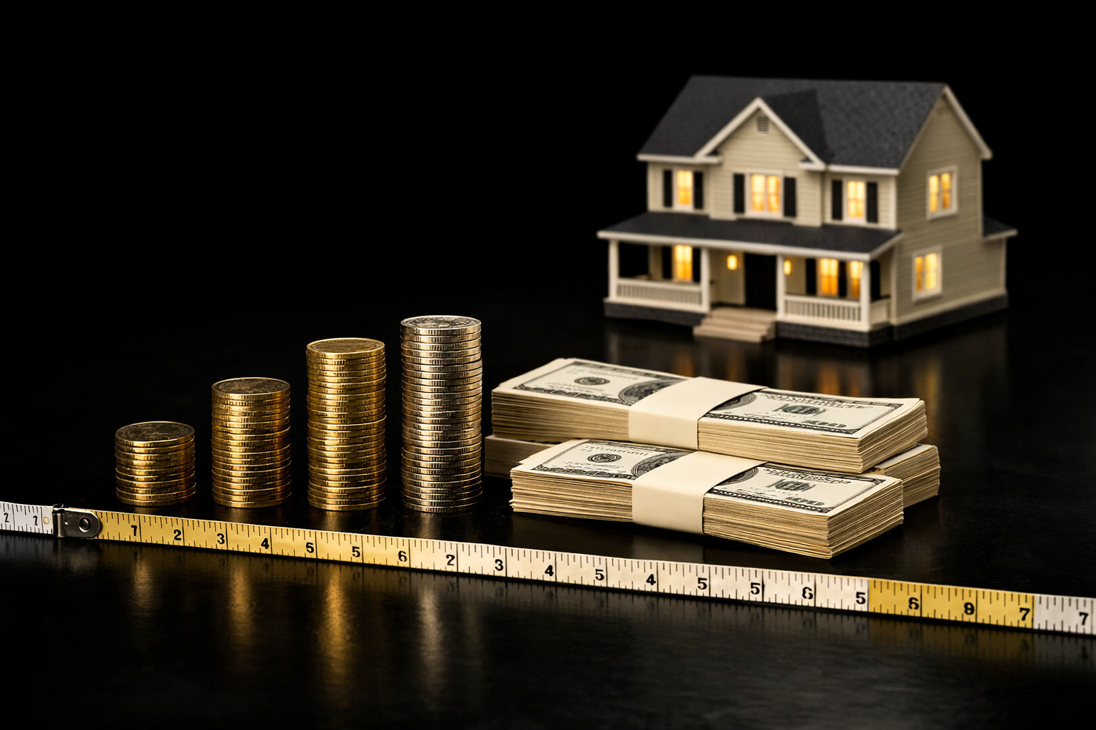 () editorial image showing stacked neat rows of coins and bundled cash on a polished dark surface, with a small