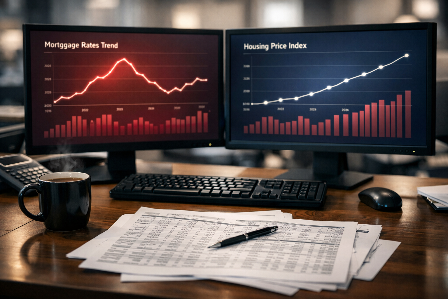 () editorial image showing a wide-angle view of a financial analyst's workspace with dual monitors displaying mortgage rate