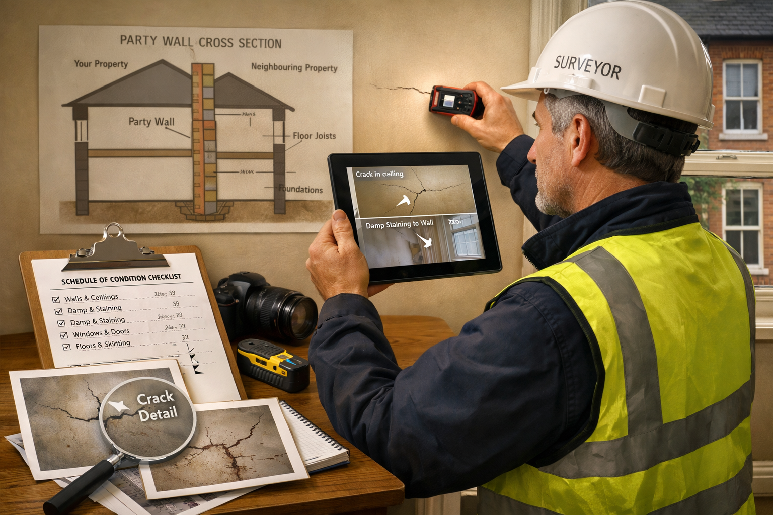 () professional scene showing chartered surveyor conducting Schedule of Condition documentation inside London terraced