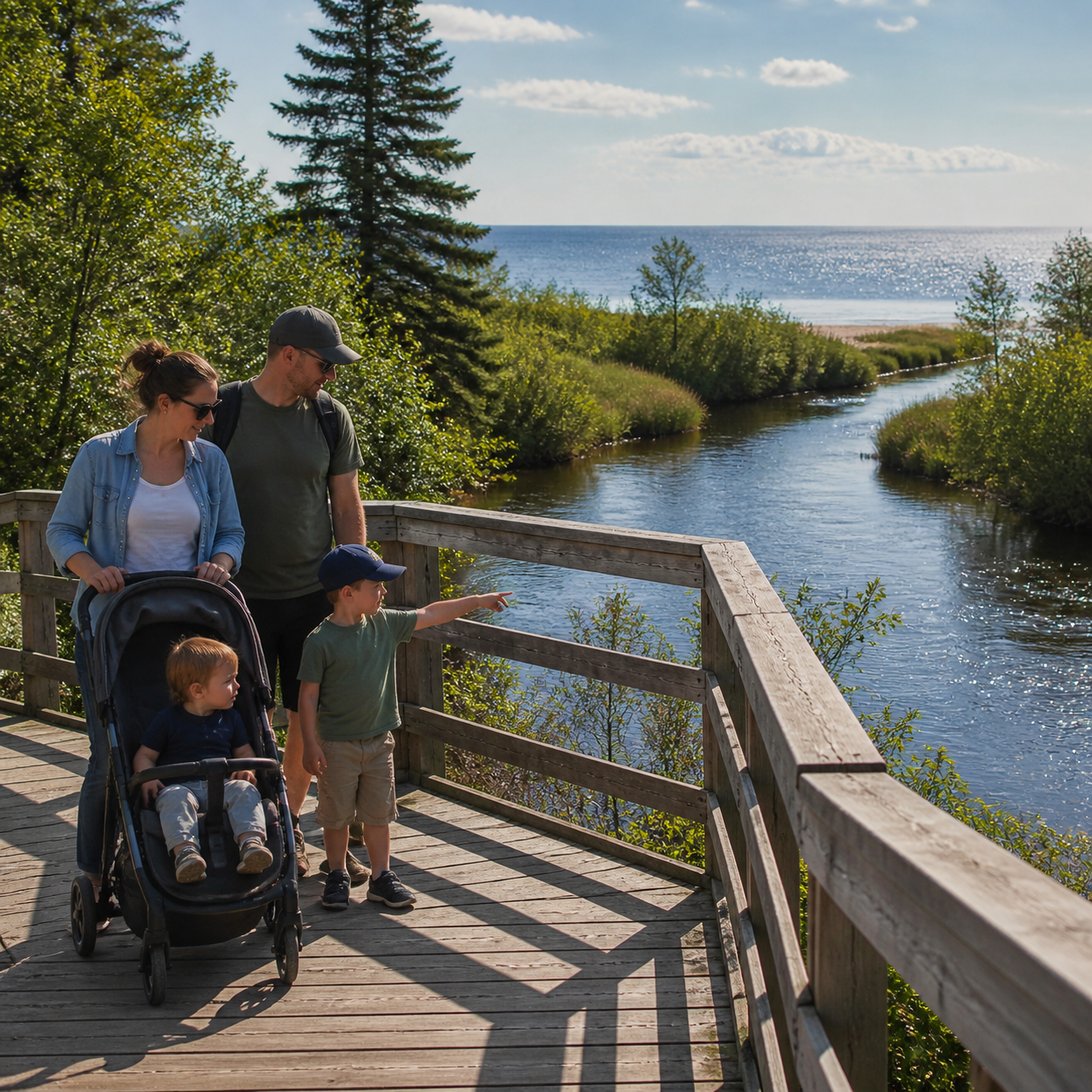 () editorial photo showing a family of four walking along a elevated wooden boardwalk spanning the Mindemoya River at