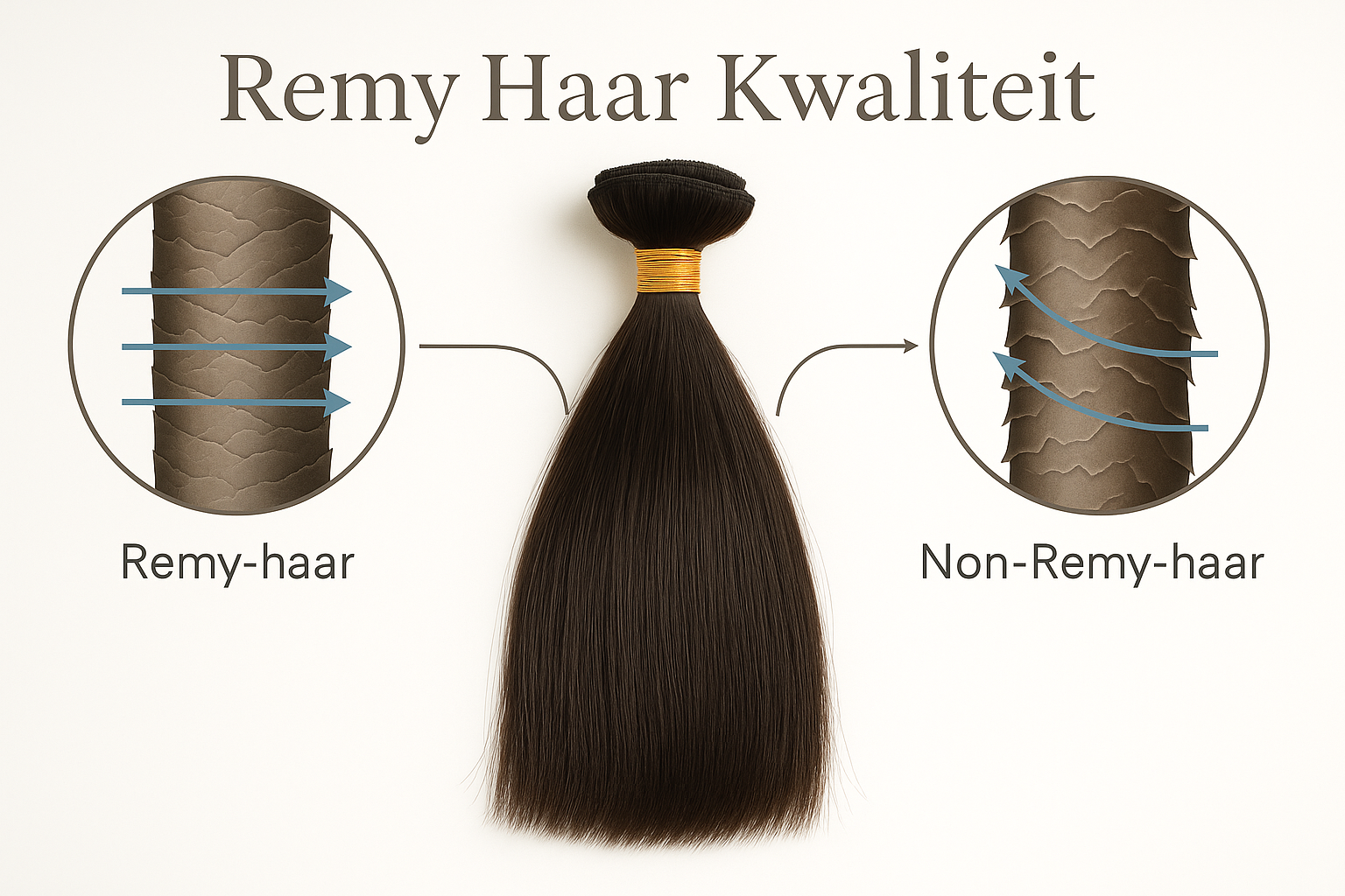 Alles wat je moet weten over Indische hairextensions 1 Editorial landscape image (1536x1024) showing detailed close-up comparison of Remy hair versus non-Remy hair structure with microscopic view