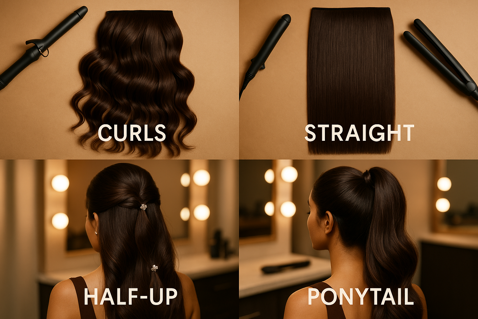 Alles wat je moet weten over Indische hairextensions 2 Lifestyle landscape image (1536x1024) featuring diverse styling options with Indian hair extensions displayed in grid format: top left shows