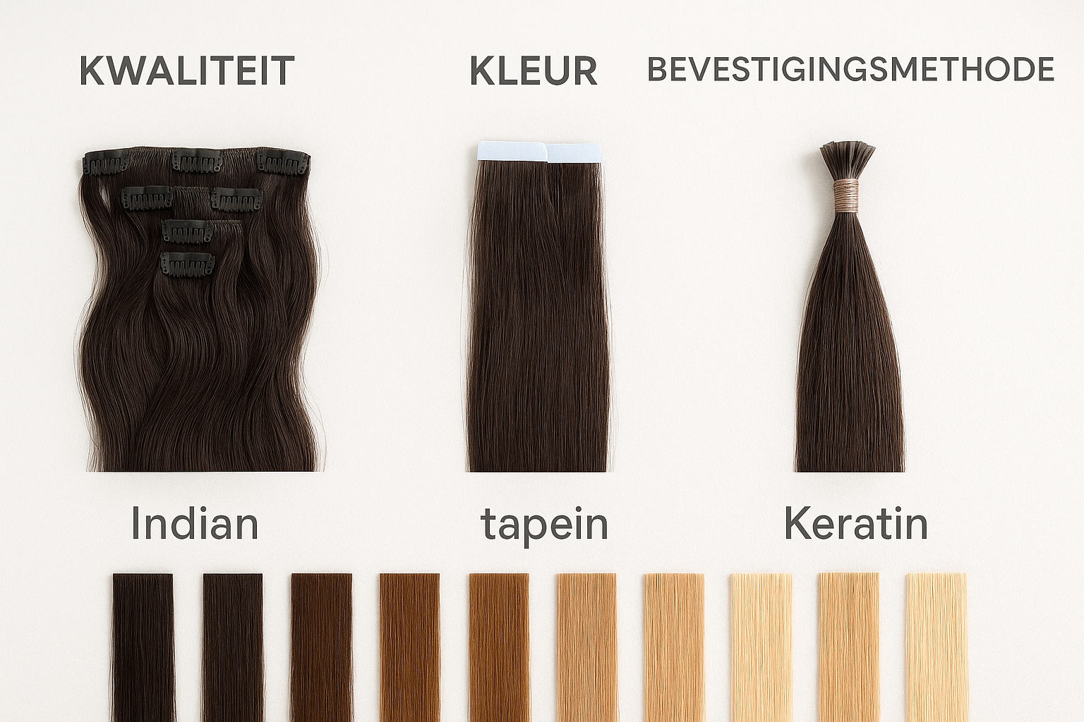 Alles wat je moet weten over Indische hairextensions 3 Product selection landscape image (1536x1024) displaying organized comparison chart of Indian hair extension types and attachment methods. L