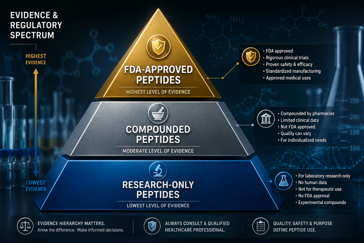 Detailed () editorial illustration showing a tiered pyramid diagram comparing three evidence levels: 'FDA-Approved Peptides'