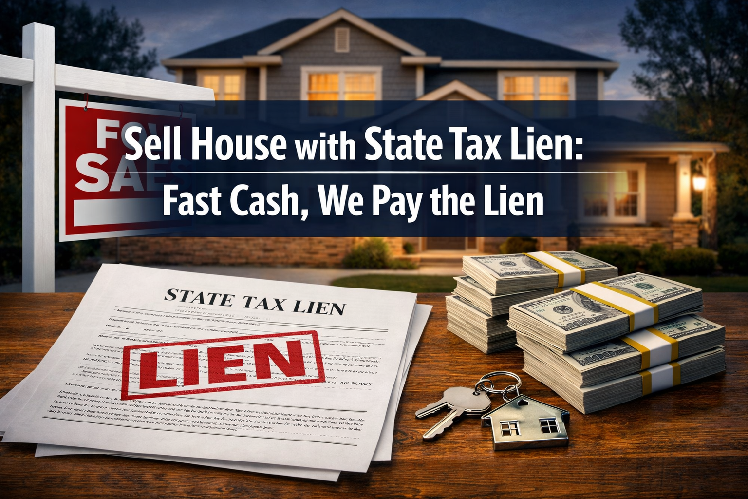Professional landscape format (1536x1024) hero image featuring bold text overlay 'Sell House with State Tax Lien: Fast Cash, We Pay the Lien