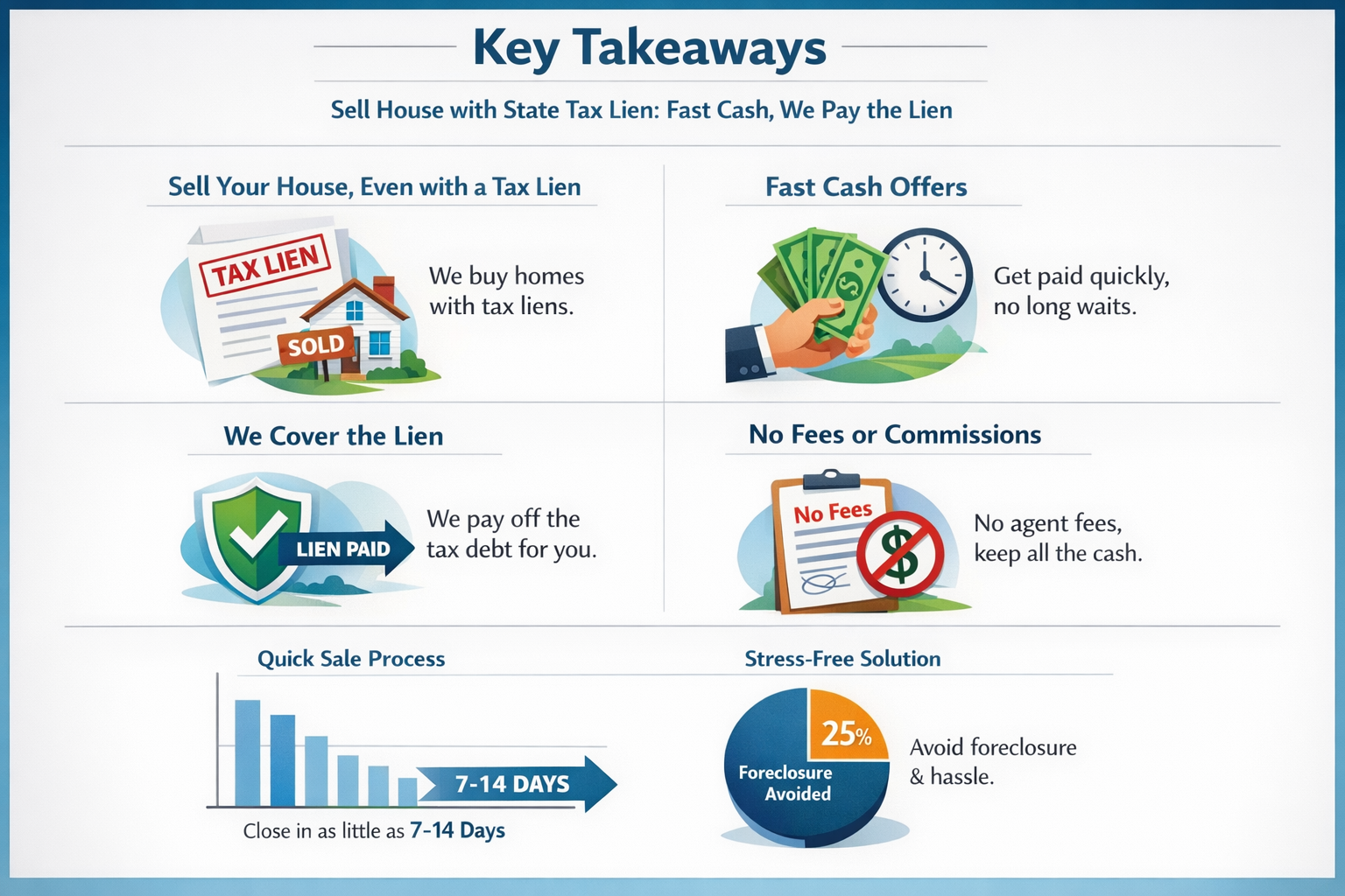Professional infographic for article "Sell House with State Tax Lien: Fast Cash, We Pay the Lien", section: "Key Takeaways". Include relevan